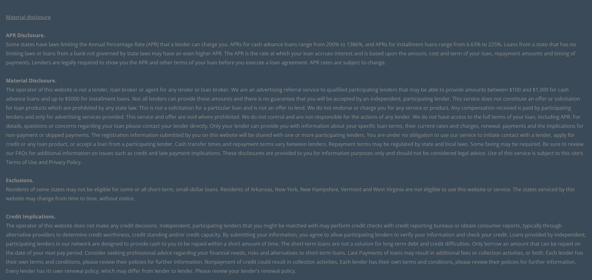 Material disclosure for payday loans in Temecula California